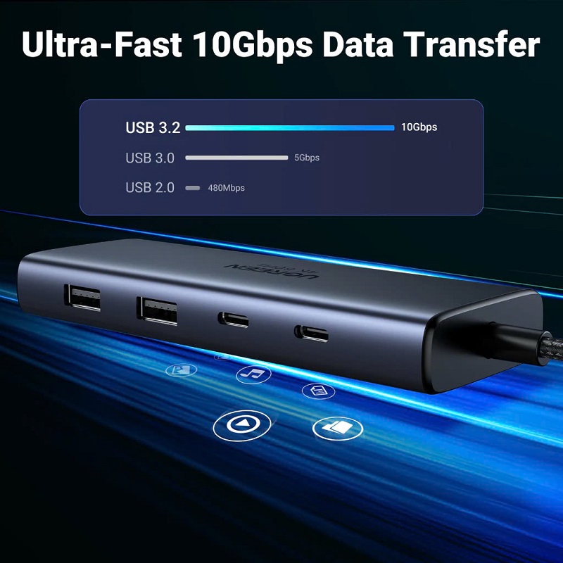 Ugreen 45379 7 IN 1 Hub chuyển USB typeC sang 2 HDMI 4K, 2 USB A 10Gbps, 2 USB C 10Gbps, 1 PD 100w